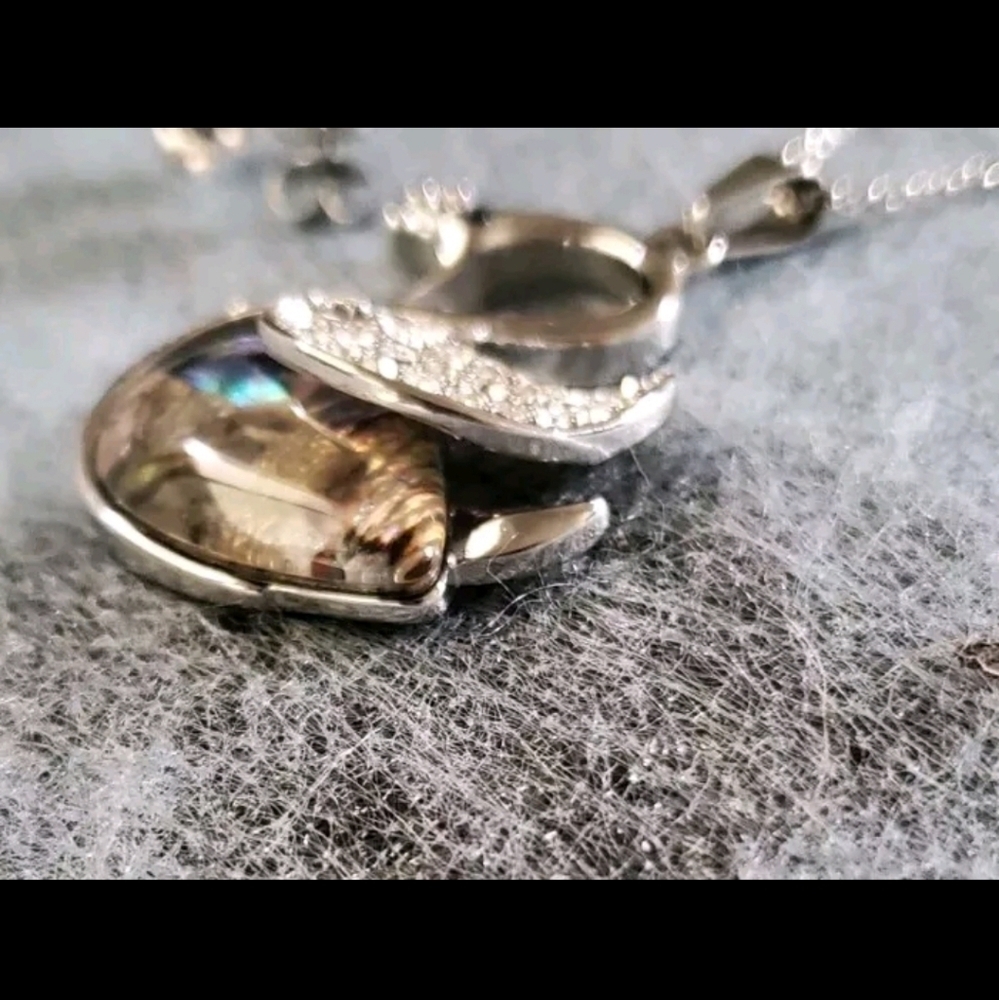 Abalone Shell Crystal Swan Queen Pendant Necklace in Polished Stainless Steel - Picture 5 of 6